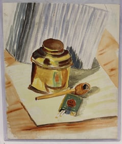 Pencil signed Bettey Smalley watercolor still life w pipe, humidor & cigarette pack - unframed -