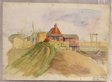 Pencil signed Betty Smalley watercolor landscape with house - dated Nov 6, 1940 - unframed - 10"x14"