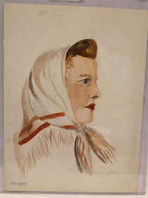 Unsigned attrib Betty Smalley watercolor portrait of a woman with scarf around her head - unframed -