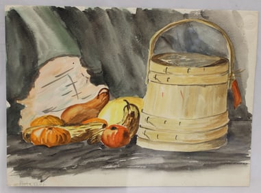 Unsigned attrib Betty Smalley watercolor of vegetables & firkin bucket - unframed - 10 1/2"x14 1/2"