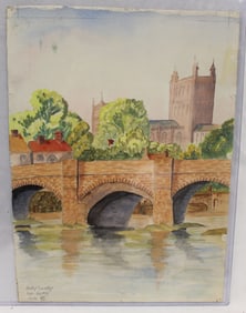 Pencil signed Betty Smalley watercolor of a bridge with buildings in background dated October 30,