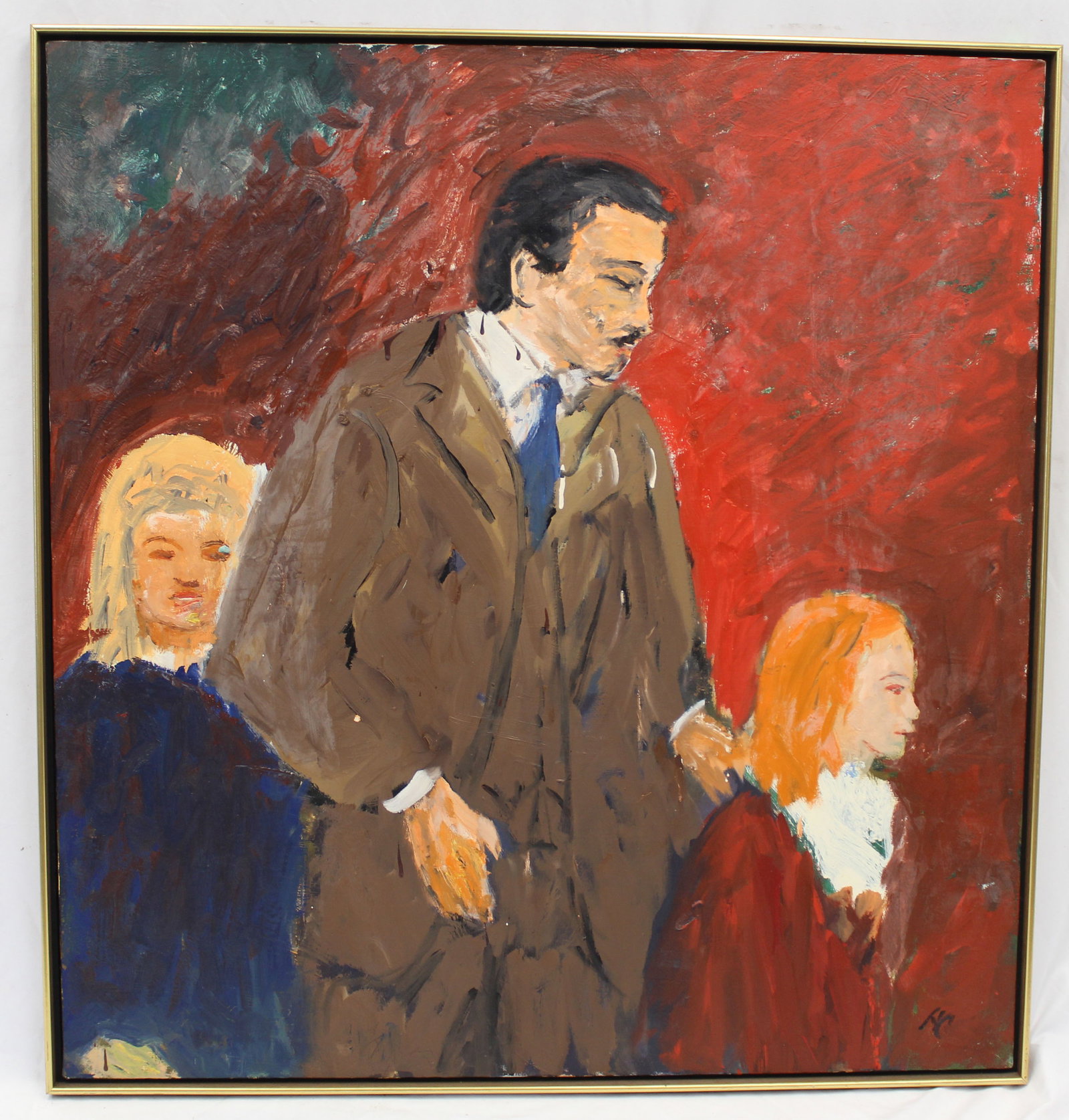Henry Coupe oil on linen titled “Father and Daughters?? dated 1996 - overall framed size 41"x39": Henry Coupe oil on linen titled “Father and Daughters” dated 1996 - overall framed size 41"x39"