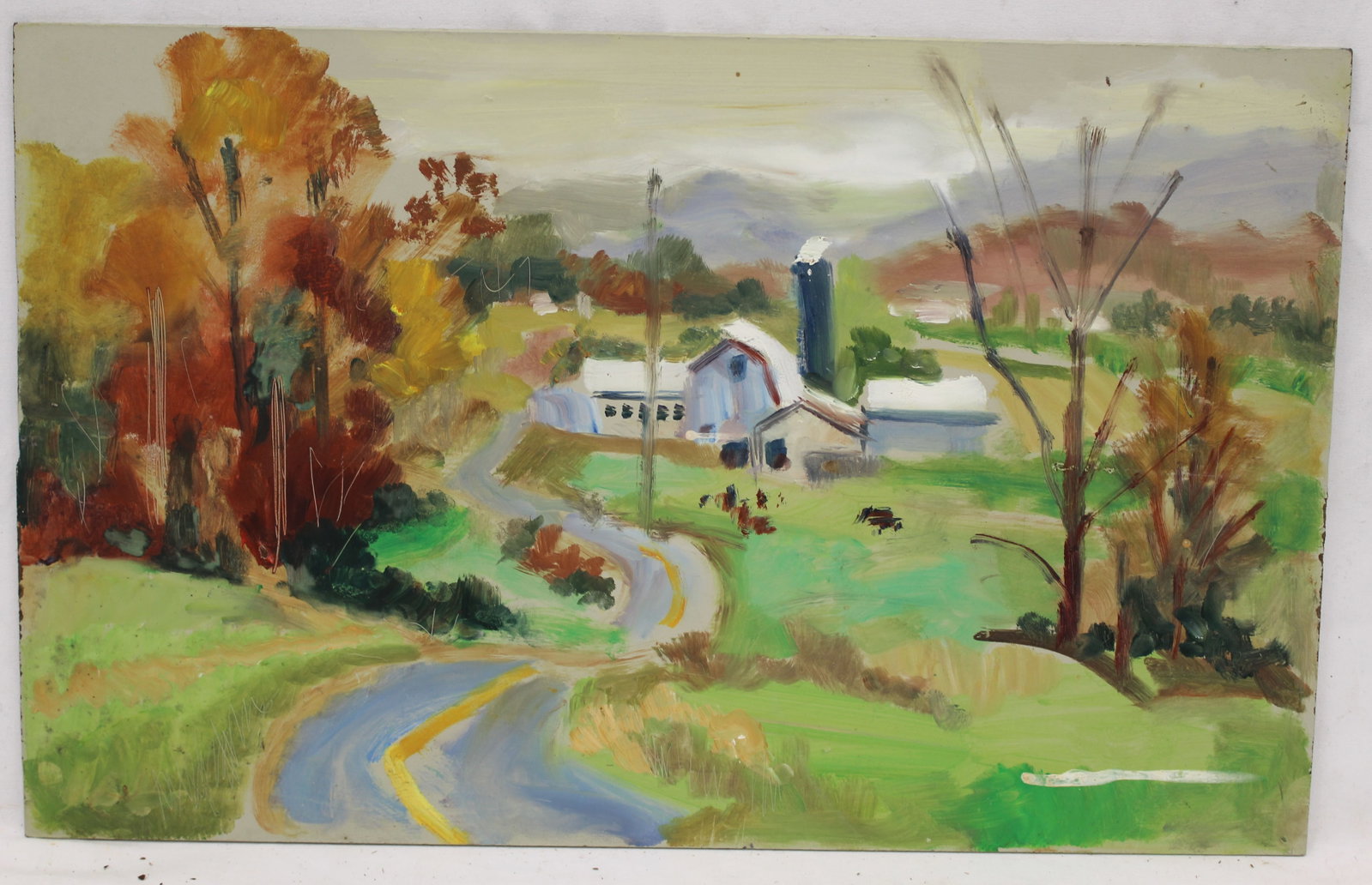 John Reilly oil on board autumn landscape with farm - unframed - 11 1/4"x18": John Reilly oil on board autumn landscape with farm - unframed - 11 1/4"x18"