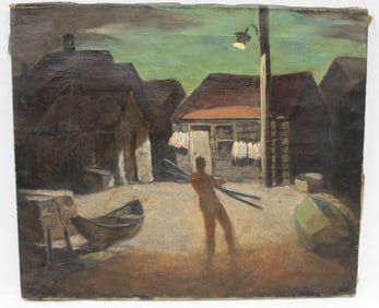 Unsigned oil on canvas dock scene w man holding oars under a street lamp - unframed - 17"x20"