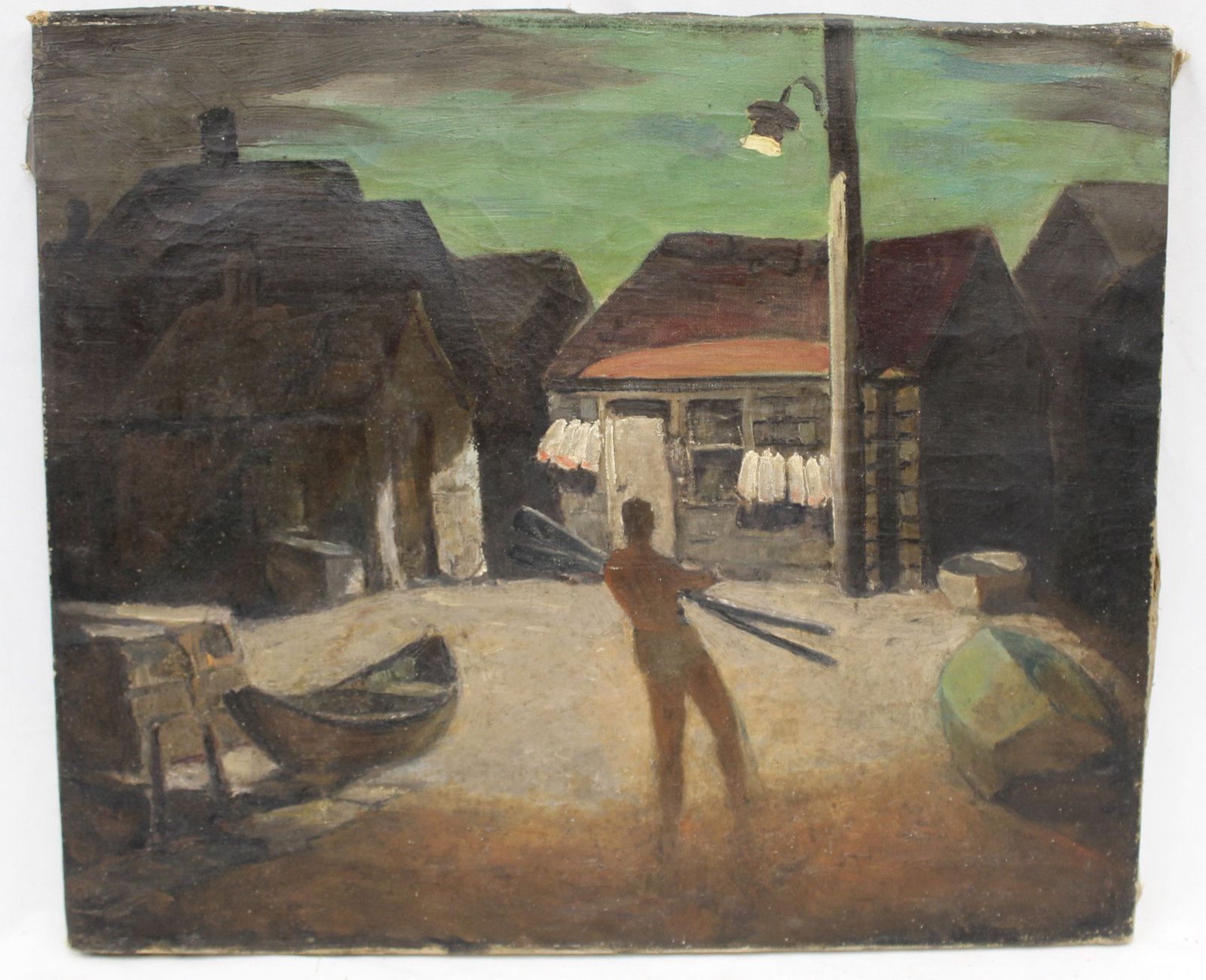 Unsigned oil on canvas dock scene w man holding oars under a street lamp - unframed - 17"x20": Unsigned oil on canvas dock scene w man holding oars under a street lamp - unframed - 17"x20"