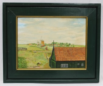 Signed D. van Oostendorp oil on canvas landscape of farm & windmills dated 05/02 - overall framed