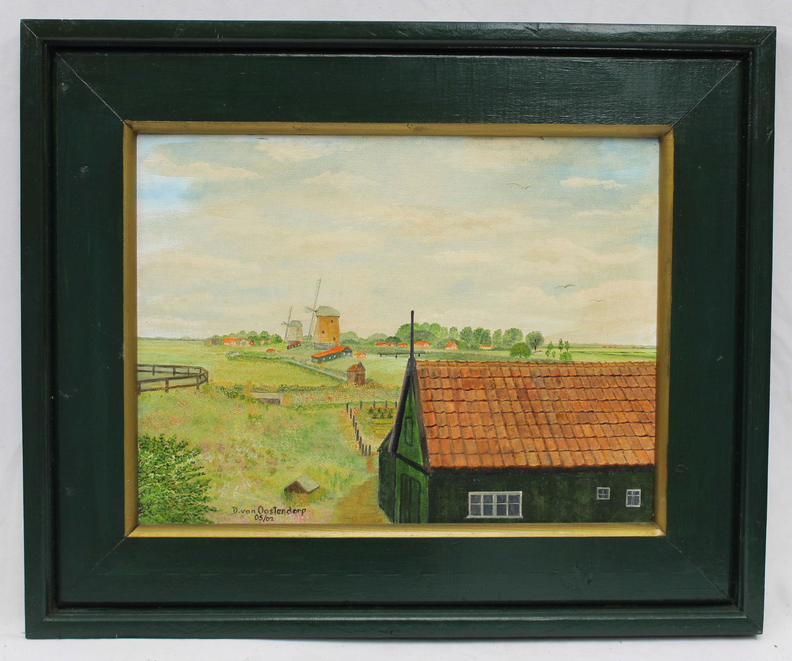 Signed D. van Oostendorp oil on canvas landscape of farm & windmills dated 05/02 - overall framed (1 of 7)