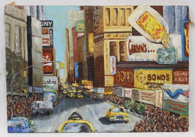 Signed Herbstrath oil on canvas colorful busy NYC city street scene - unframed - 27 1/2"x40"