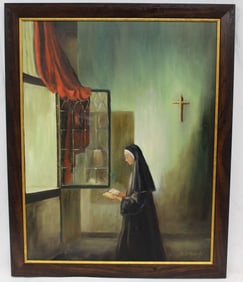 Signed E. Deburgh oil on canvas of a praying nun in a window - overall framed size 31"x24 3/4"