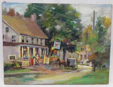 John Reilly oil on canvas of a horse & buggy at a storefront "Diane's Deli" - unframed - 17 3/4"x23