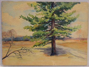 Signed B.T. Crom watercolor landscape with tree - dated '43 - unframed - 12"x16"