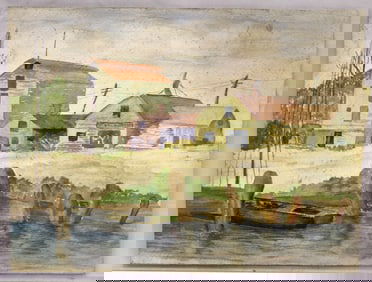 Unsigned watercolor dock scene w boat & boat houses - unframed - 9"x12"