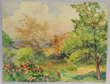 Signed B.T. Crom double sided watercolor w seascape on one side & floral landscape on the other -