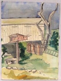 Signed Stewart Ross James watercolor yard scene w bird feeder, wash tub, barrels & barn - unframed -