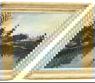 Signed Erik Jerken oil on canvas harbor/shipyard scene - overall framed size 28 1/2"x32 1/2"