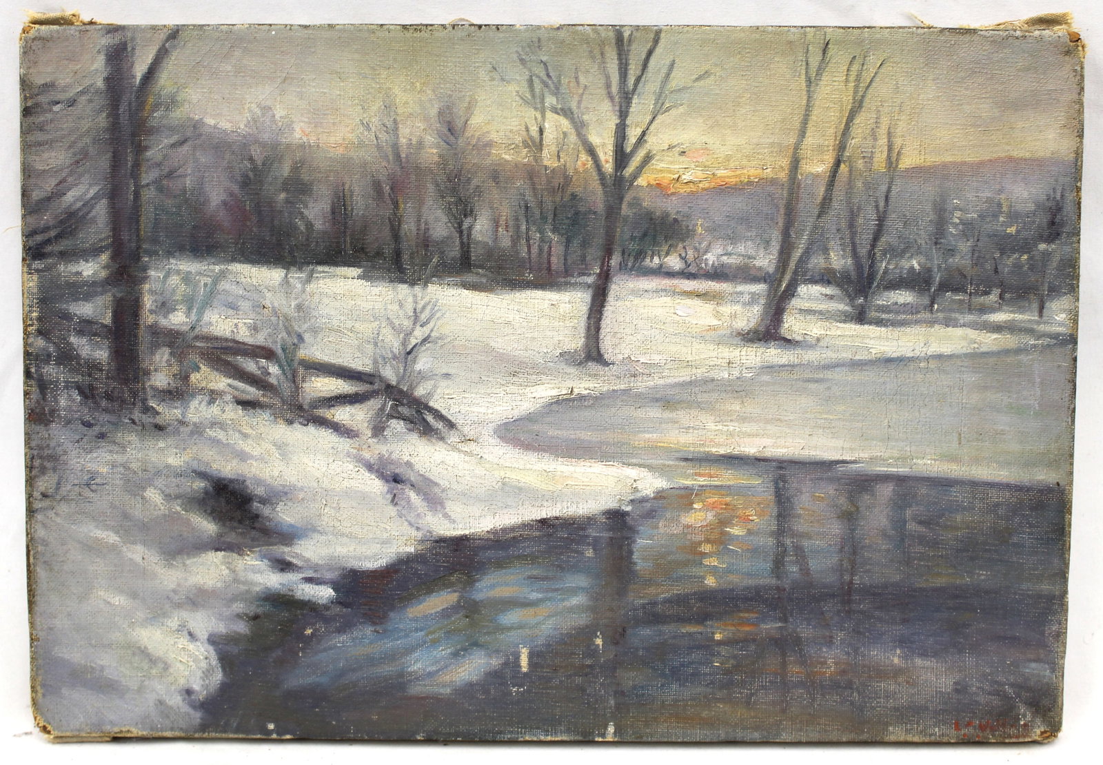 Signed illegibly oil on canvas winter landscape - unframed - 11"x16": Signed illegibly oil on canvas winter landscape - unframed - 11"x16"