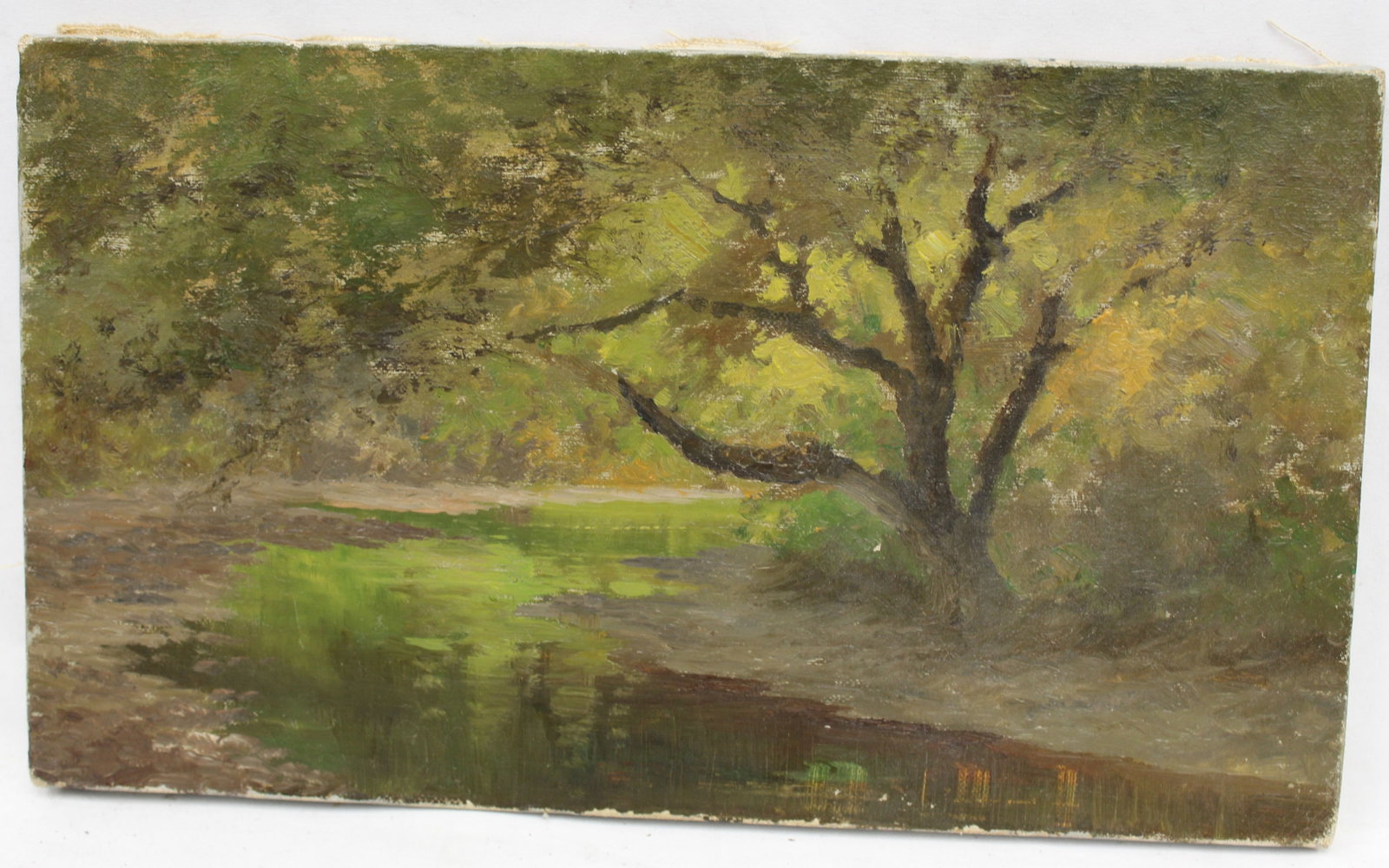 Unsigned oil on canvas forest landscape with brook unframed - 8"x14": Unsigned oil on canvas forest landscape with brook unframed - 8"x14"