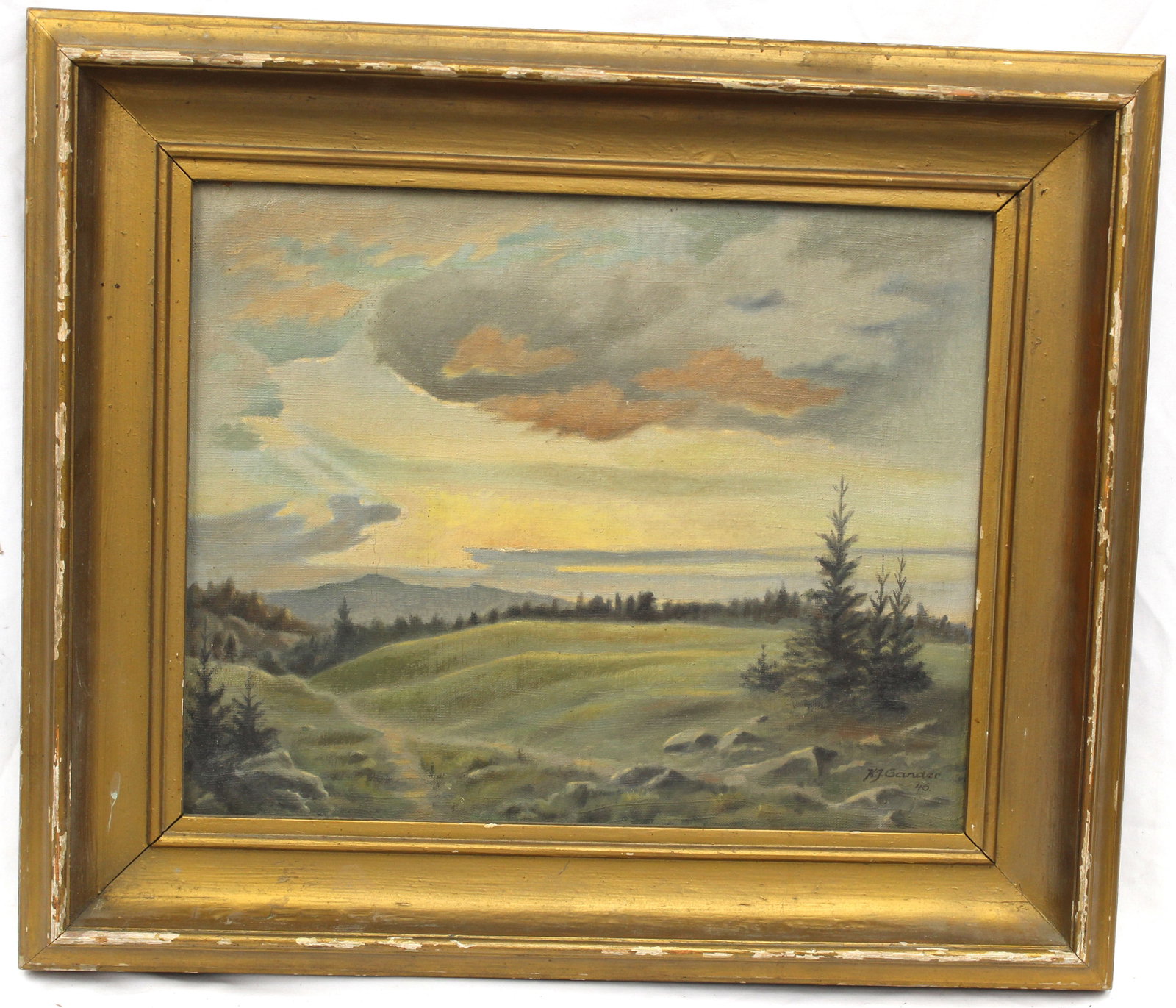 Signed K.J. Gander oil on canvas landscape dated '46 - overall framed size 22 3/4"x26 1/2": Signed K.J. Gander oil on canvas landscape dated '46 - overall framed size 22 3/4"x26 1/2"