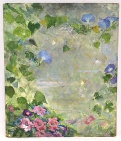 Signed Gertrude Tinsberg oil on board or morning glories - unframed - 24"x20"