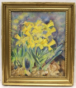 Unsigned oil on board still life of daffodils - overall framed size 23"x20"