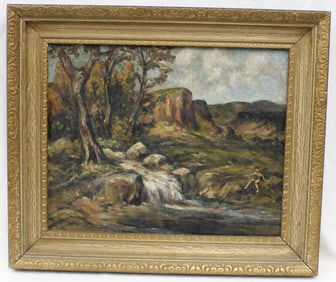 Unsigned oil on canvas riverscape w man sitting on the bank - overall framed size 21 1/2"x25 1/2"