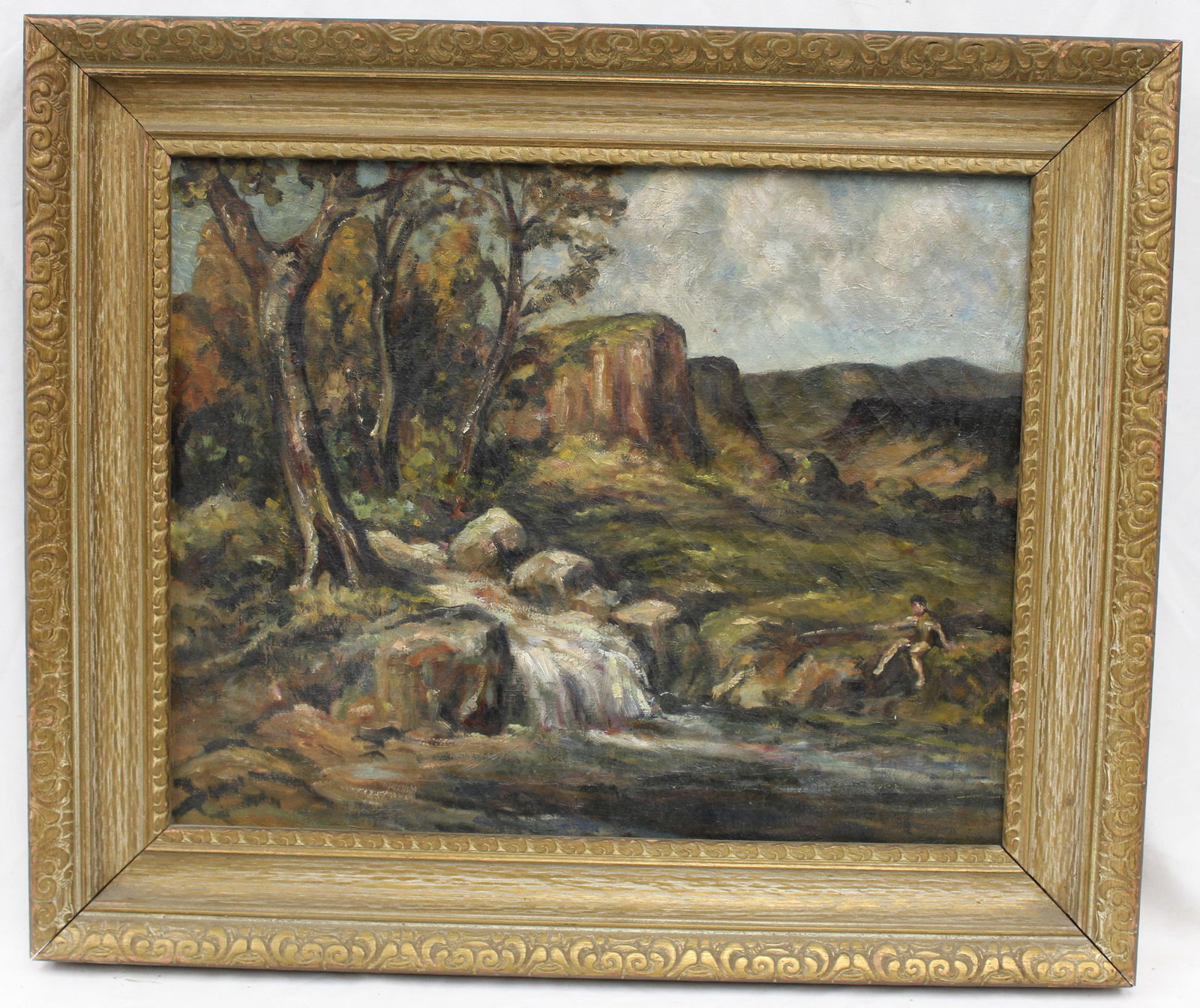 Unsigned oil on canvas riverscape w man sitting on the bank - overall framed size 21 1/2"x25 1/2" (1 of 8)