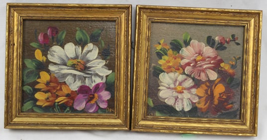 Pair of signed (?) oil on board still lifes of Zinnias - overall framed size 6"x6"