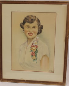 Signed Nicolas Rouen drawing of a woman with corsage dated 1951 - overall framed size 23"x19"