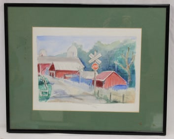 Signed Sarah Lane watercolor of a railroad crossing & barns with gallery label on verso titled