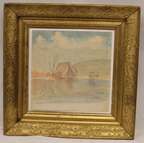 Signed Anne F Guild watercolor encampment scene next to lake with reflection - overall framed size