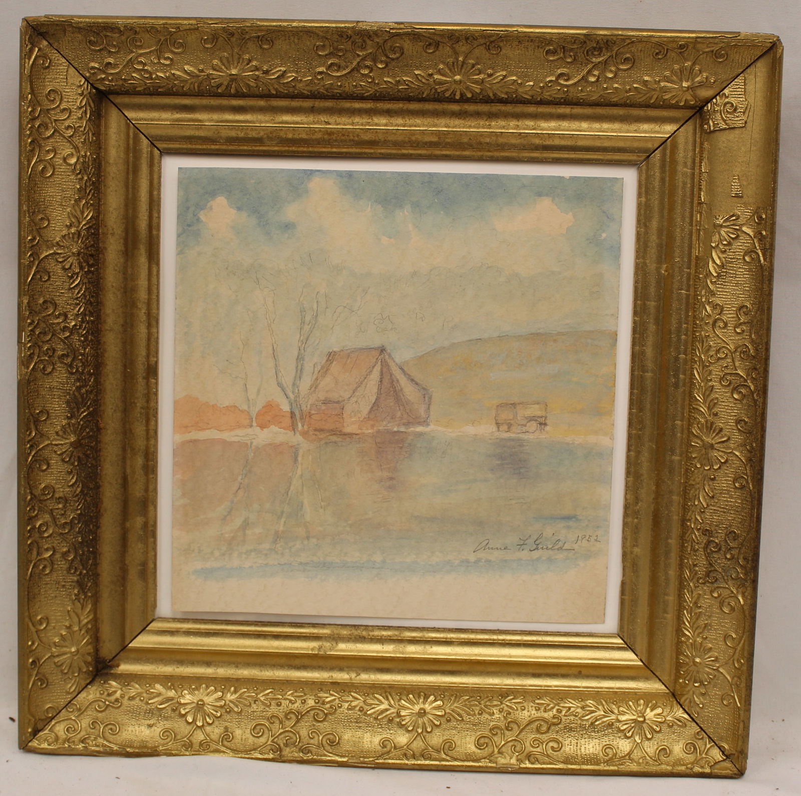 Signed Anne F Guild watercolor encampment scene next to lake with reflection - overall framed size (1 of 7)