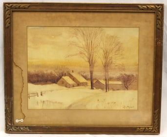 Signed Louis Meynell watercolor winter landscape w house & barn - overall framed size 21"x25"