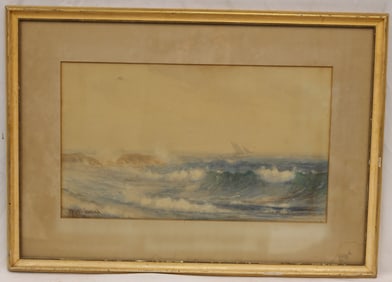 Signed Marshall Johnson watercolor seascape with sailboat - overall framed size 19 1/4"x27 1/4"