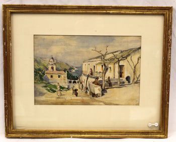 Unsigned watercolor Mediterranean scene - overall framed size 17 1/2"x22"