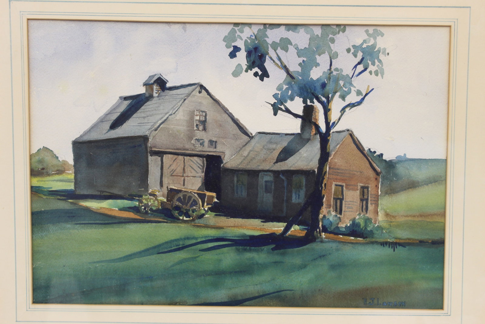 Signed RJ Lawson watercolor of a barn & wagon - overall framed size 18 3/4"x24 3/4": Signed RJ Lawson watercolor of a barn & wagon - overall framed size 18 3/4"x24 3/4"