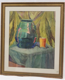 Signed illegibly watercolor still life of vase & glass - overall framed size 28 1/2"x24 1/2"