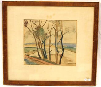 Signed illegibly watercolor beach scene w trees dated 1935 - overall framed size 18"x20 1/2"