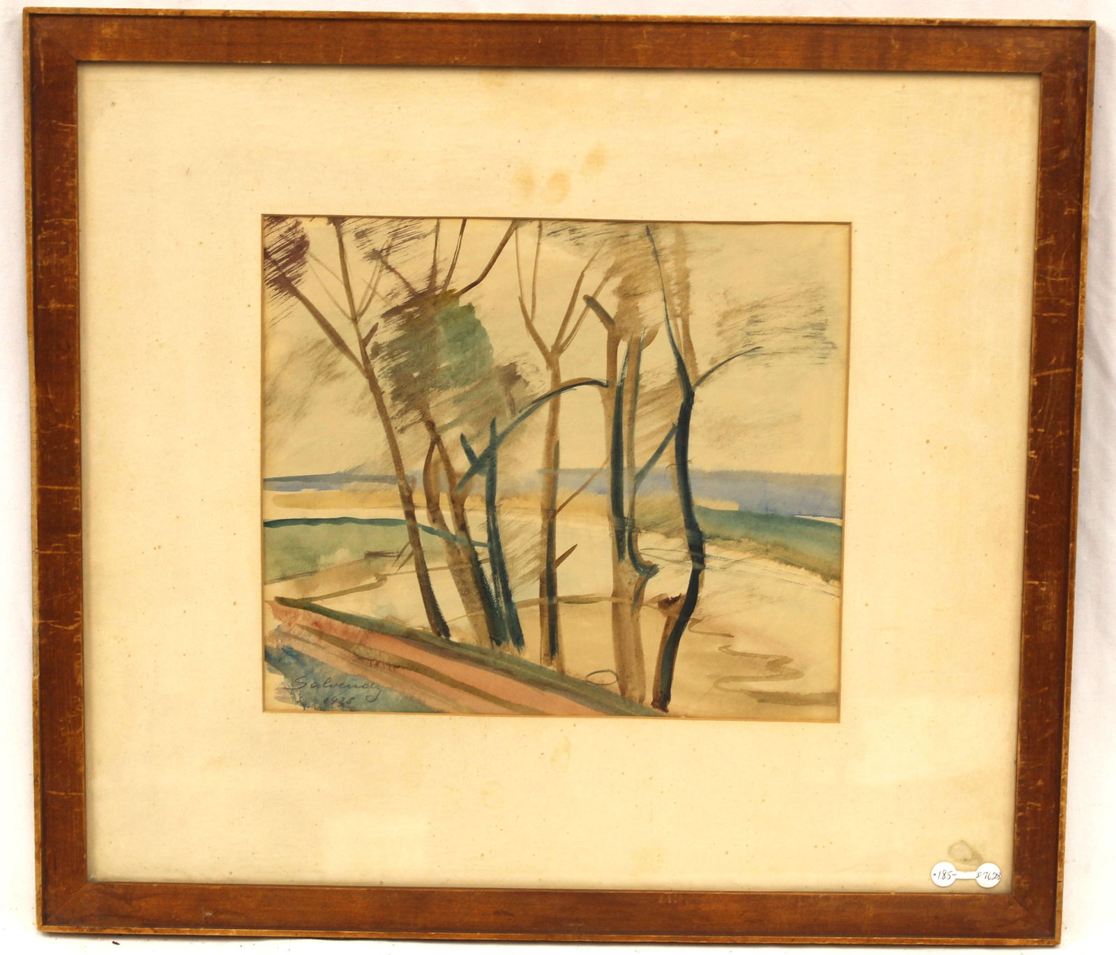 Signed illegibly watercolor beach scene w trees dated 1935 - overall framed size 18"x20 1/2" (1 of 6)