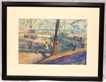 Signed Hope Smith watercolor of people around a monkey enclosure at a zoo - overall framed size