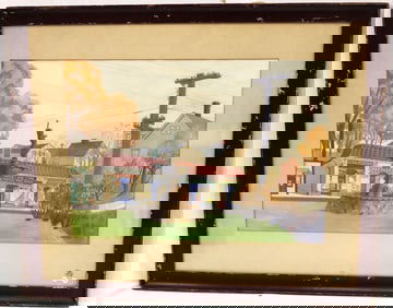 Signed W Beach watercolor of a fountain with "Portale's Drug Store" in background dated 1946 -