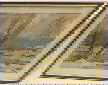Signed Roy Brown watercolor city park scene with people, cars, trees, etc - overall framed size 33