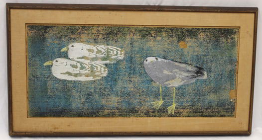 Unsigned oil on board of seagulls with old Vose Gallery label on verso - overall framed size 22"x41"
