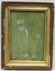 Unsigned oil on board still life with flowers & a flying bug - overall framed size 18"x13 3/4"