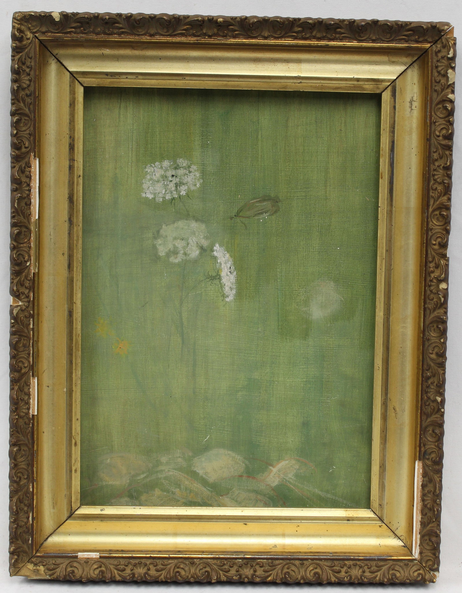 Unsigned oil on board still life with flowers & a flying bug - overall framed size 18"x13 3/4": Unsigned oil on board still life with flowers & a flying bug - overall framed size 18"x13 3/4"