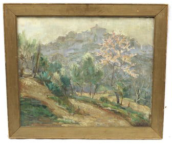 Signed Fuller oil on canvas landscape with village in background titled on verso "Trees" - overall
