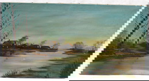 Unsigned panoramic oil on canvas riverscape with houses - unframed - 17"x33"