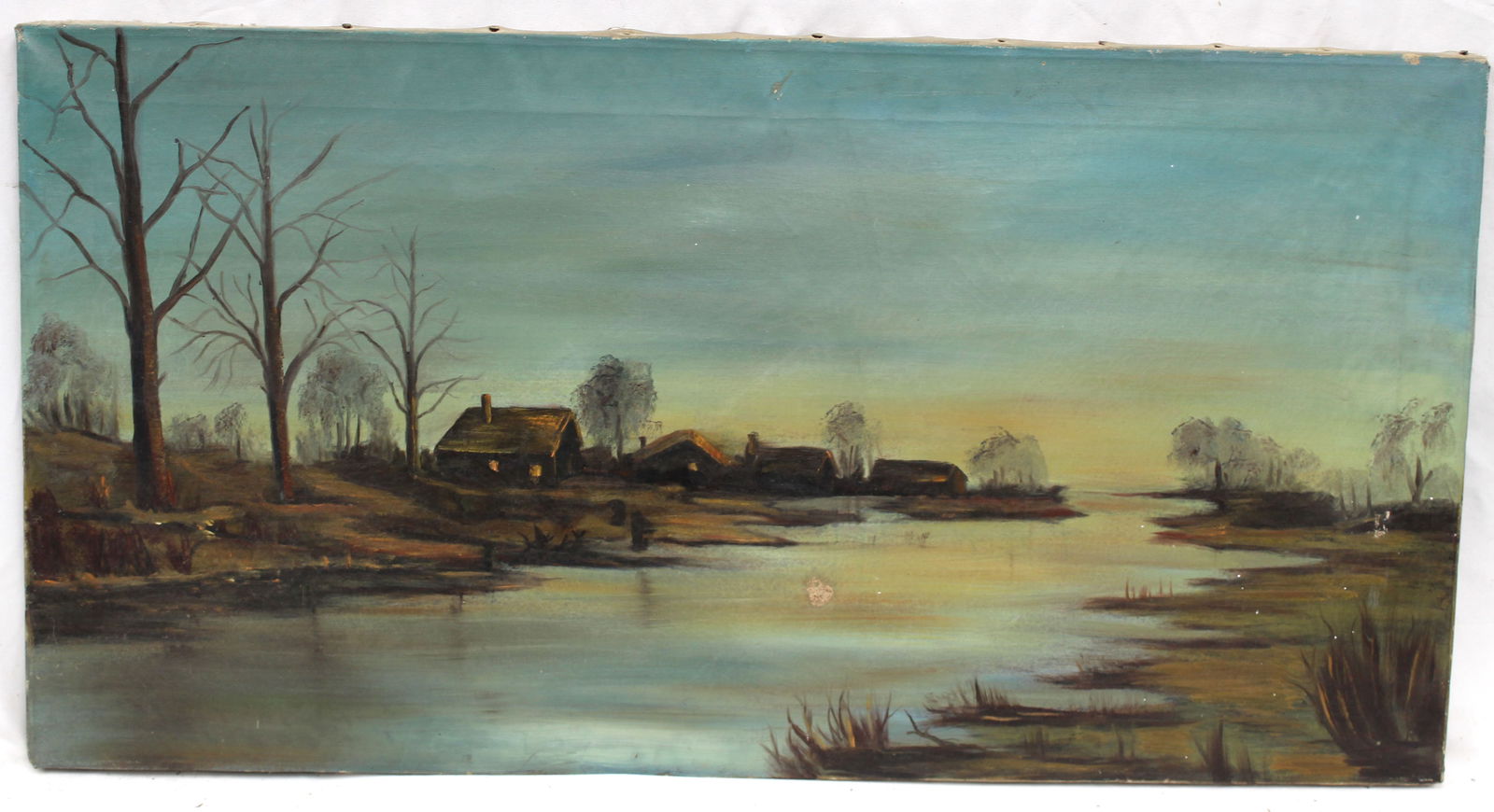 Unsigned panoramic oil on canvas riverscape with houses - unframed - 17"x33" (1 of 6)