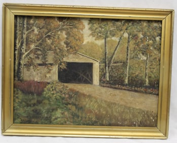 Signed E. William oil on board titled "Villars Chapel" dated `1943 of a covered bridge in autumn -