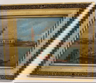 Unsigned Venetian oil on glass titled "Venice St. Marco Tower Ducal Palace & Prison" - overall