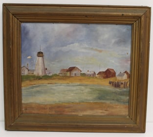Unsigned oil on canvas lighthouse & beach scene - overall framed size 13 1/4"x15"